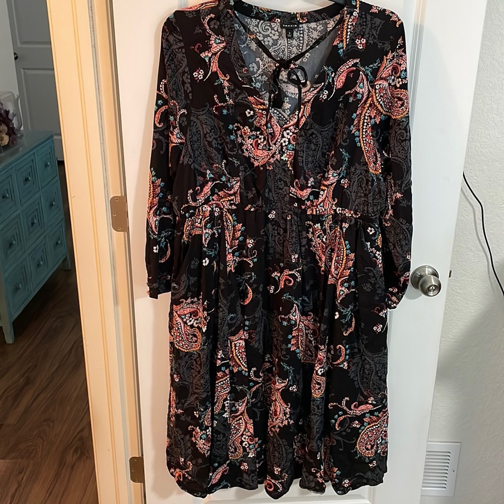 Long sleeve paisley dress.